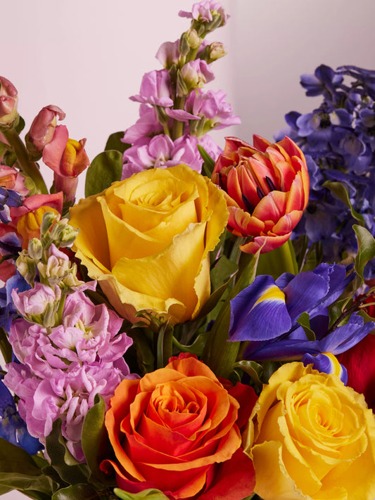 Spring Burst Hand Tied Bouquet, Vase & Chocolates