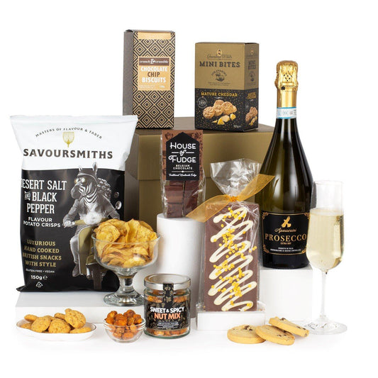 Virginia Hayward Lets Celebrate gift set - Prosecco, Chocolates & Gourmet Treats in a Gold Gift Box - rich flavour of House of Fudge Belgian Chocolate to make any celebration unforgettable!