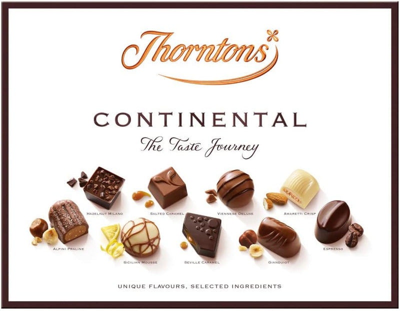 Thorntons Continental Chocolate Gift, Perfect for Sharing, Gifts for Women and Men, Unique Flavours Milk, White, Dark Chocolate, 264g