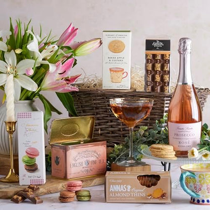 Celebration Prosecco Gift Hamper - Elegant Biscuits, English Tea, Macarons & Artisan Chocolates - Gourmet Food Hamper for any occasion and a Food Gift everyone Will Love