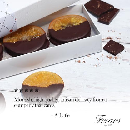 Friars 15 Chocolate Coated Orange Slices - 335G Pack | Sliced Candied Orange in Dark Belgium Choc | Premium After Dinner Treats For Special Occasions & Gifts | Suitable for Vegetarians - Chocolate Gifts Heaven