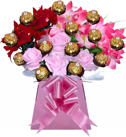Mothers Day Flowers Gifts Chocolate and Pink Roses Hamper Bouquet For Women Men With Ferero Rocheir and Lindr lind Sweets Personalised Purple Gold Red Blue Sweets Candy Presents (Small)