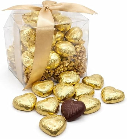 Chocolate Gift Box Premium Milk Chocolate Heart Chocolates in Gold Foil Gift Box – 20 Individually Wrapped Hearts – Valentine’s Day, Anniversary, Birthday & Wedding Gift - Love Heart Sweets
