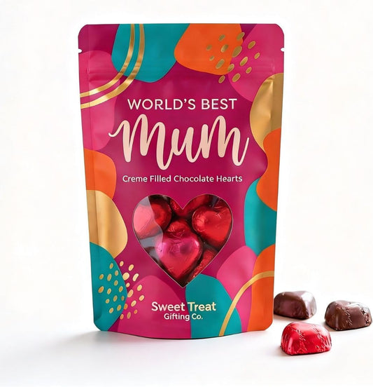 Mother’s Day Chocolate Gift for Mum – 190g Red Foiled Creme Filled Chocolate Hearts – World’s Best Mum Pouch – Mothers Day Gifts, Chocolate for Mum, Birthday Gifts for Mum