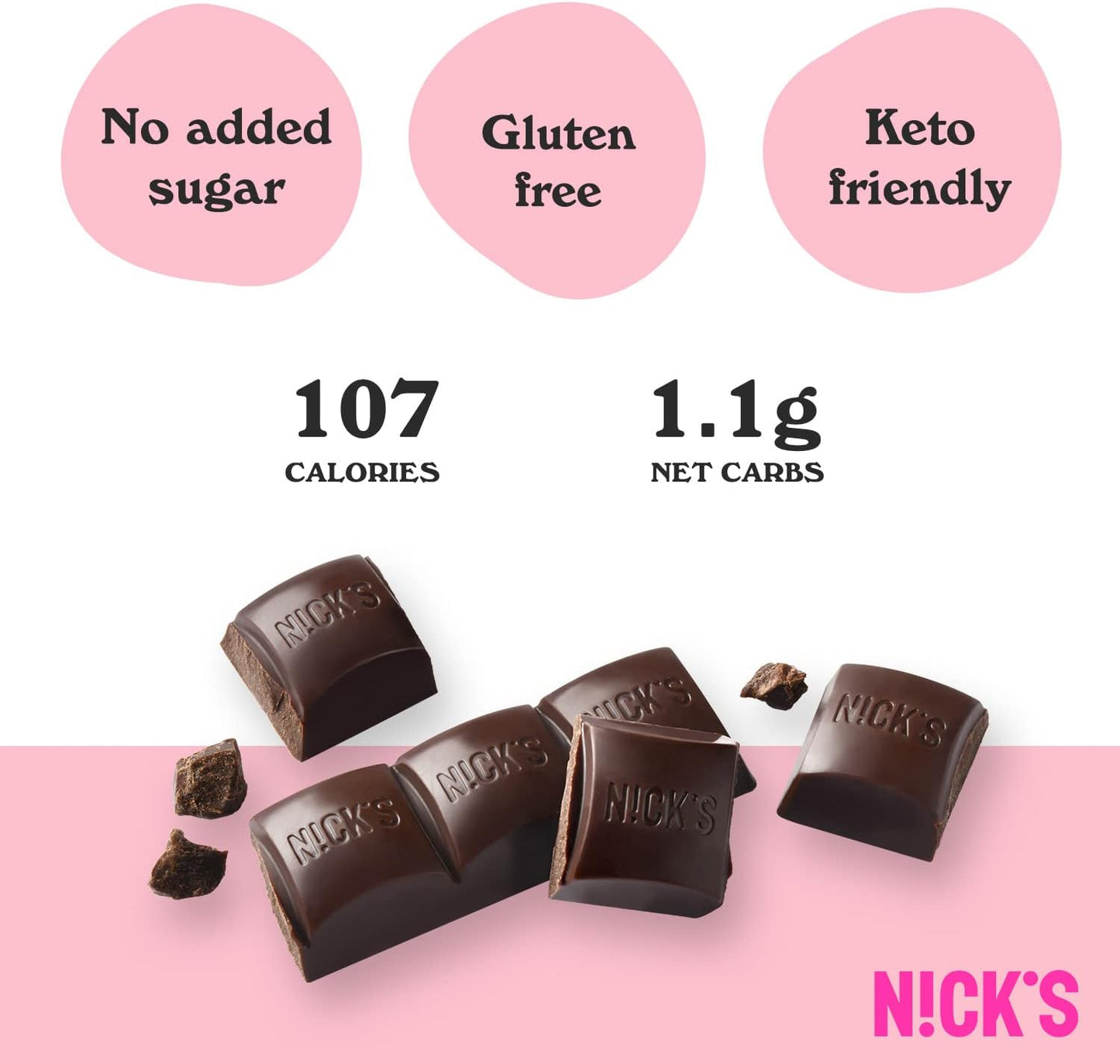 NICKS Dark Chocolate Vegan Keto Bars 1.1g Net Carbs, No Added Sugar, 107 Calories, Low Carb Sweets, Gluten Free Snack Bar (15x25g)