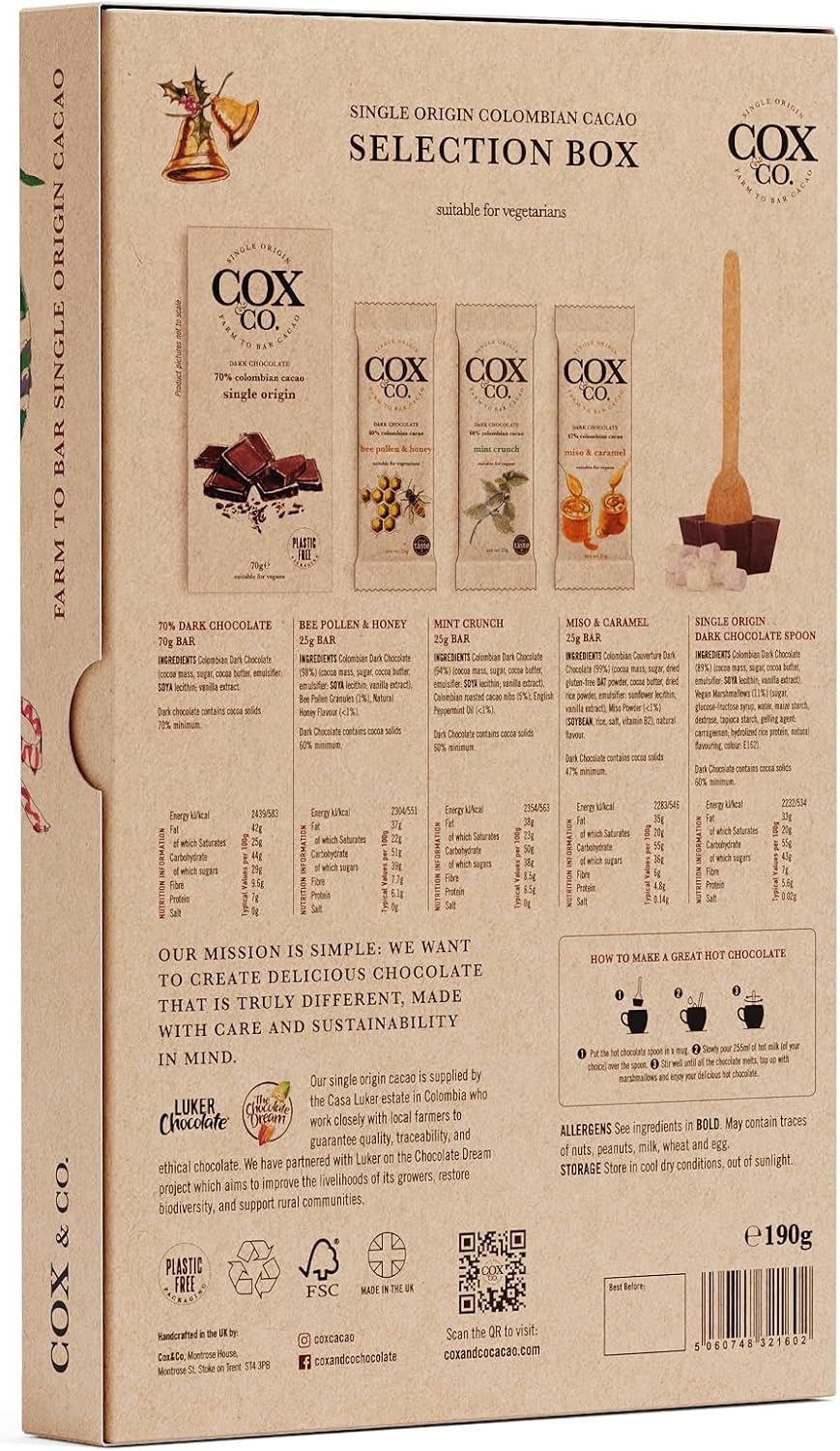 Cox&Co. Christmas Chocolates Gift Set - Luxury Dark Chocolate Selection Box with 4 x Dark Bars + 1 x Hot Chocolate Spoon - Hamper