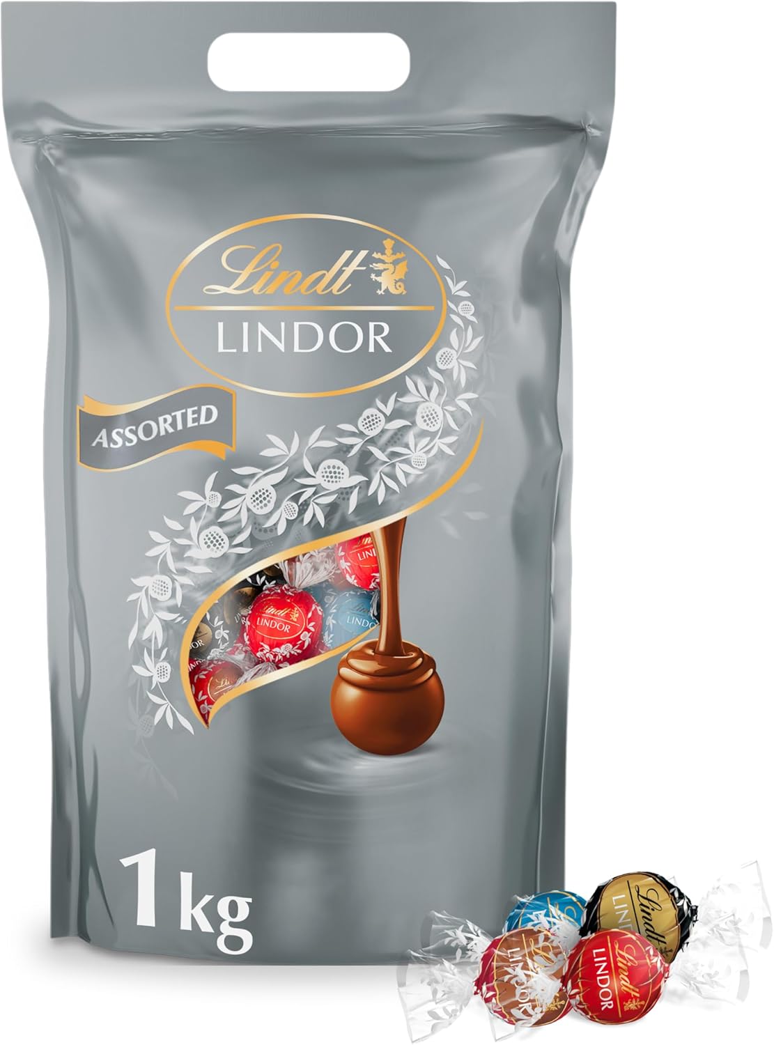 Lindt Lindor Silver Assorted Chocolate Truffles – 1kg Bag (Approx. 80 Balls) – Smooth Filling – Valentine, Christmas, Gift, Birthday, Congratulations, Sharing Treat