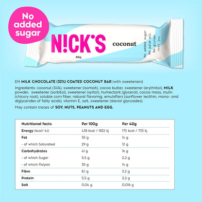 NICKS Coconut Keto Chocolate Bars No Added Sugar 175 Calories