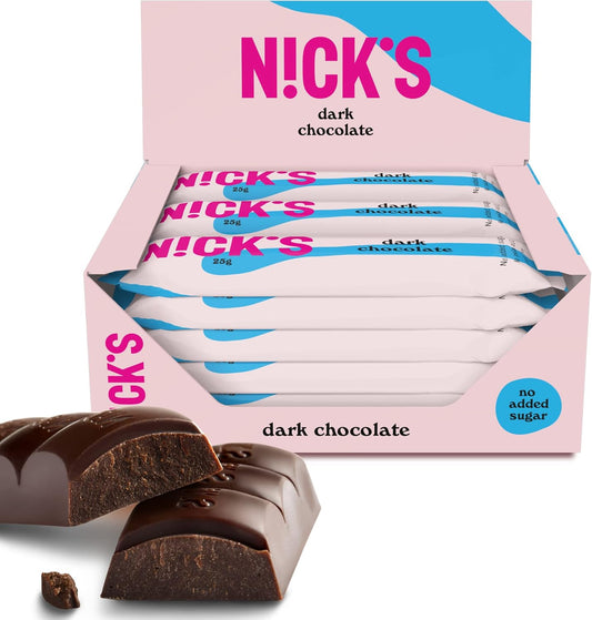NICKS Dark Chocolate Vegan Keto Bars 1.1g Net Carbs, No Added Sugar, 107 Calories, Low Carb Sweets, Gluten Free Snack Bar (15x25g)