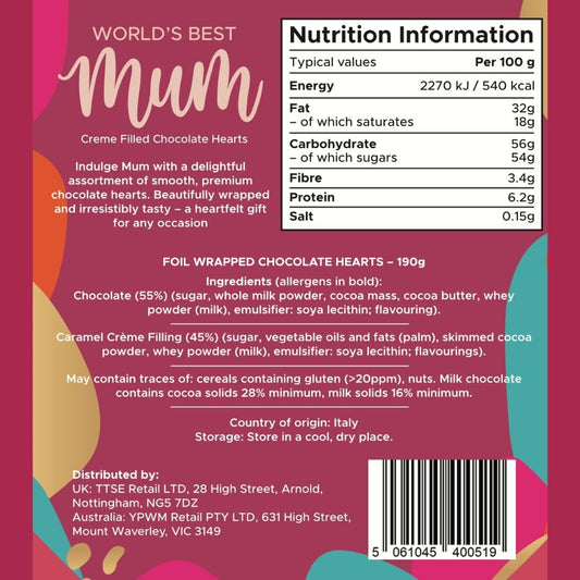 Mother’s Day Chocolate Gift for Mum – 190g Red Foiled Creme Filled Chocolate Hearts – World’s Best Mum Pouch – Mothers Day Gifts, Chocolate for Mum, Birthday Gifts for Mum