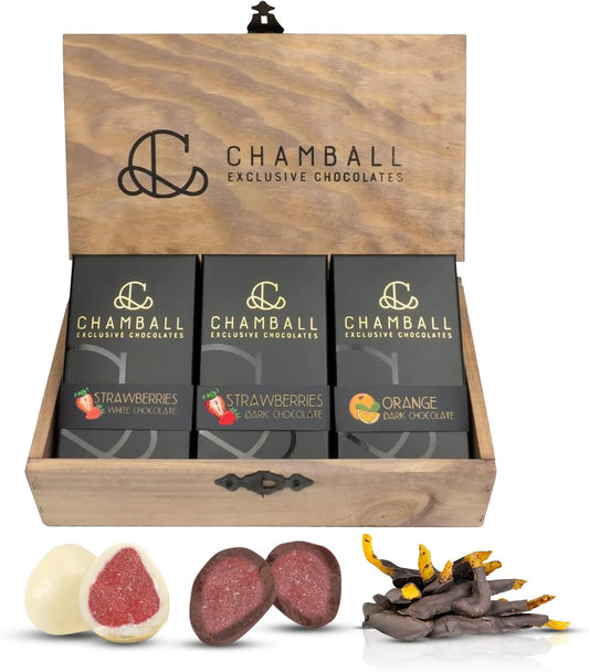 Pack of 3 Boxes of Dark and White Chocolate Bonbons | Strawberries and Candied Orange with Chocolate | Box of Bonbons for Gift Giving | Sweet Gift for Christmas, Valentine's Day, or Mother's Day