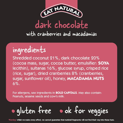 Eat Natural Bars, Gluten Free Snack Bars, Dark Chocolate with Cranberries & Macadamias, 45g (Pack of 12) - Chocolate Gifts Heaven