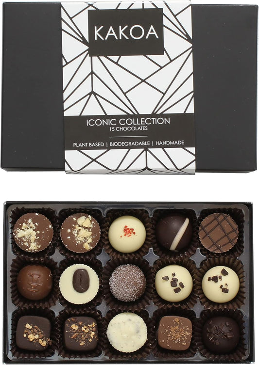 Kakoa Iconic Vegan Chocolate Selection Box - 15 Chocs | Brownie, Coffee, Caramel, Liqueur | Plant Based Luxury Chocolates For Special Occasions | Gifts for Vegans, Vegetarian, Dairy Free Diets