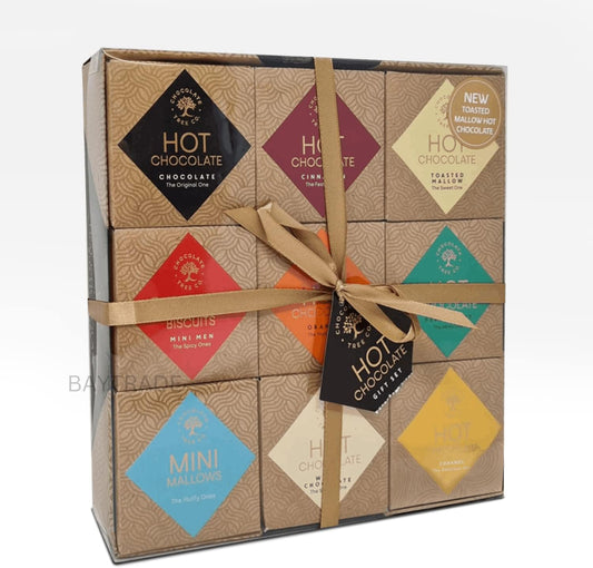Hot Chocolate Gift Set | 9 Luxury Cocoa Powder Flavours Mini Marshmallows Gingerbread Men Biscuits