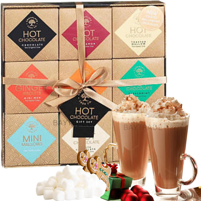 Hot Chocolate Gift Set | 9 Luxury Cocoa Powder Flavours Mini Marshmallows Gingerbread Men Biscuits