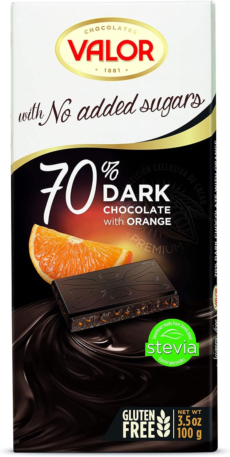 Valor Sugar Free Chocolate –  70% Dark Chocolate with Orange Pieces