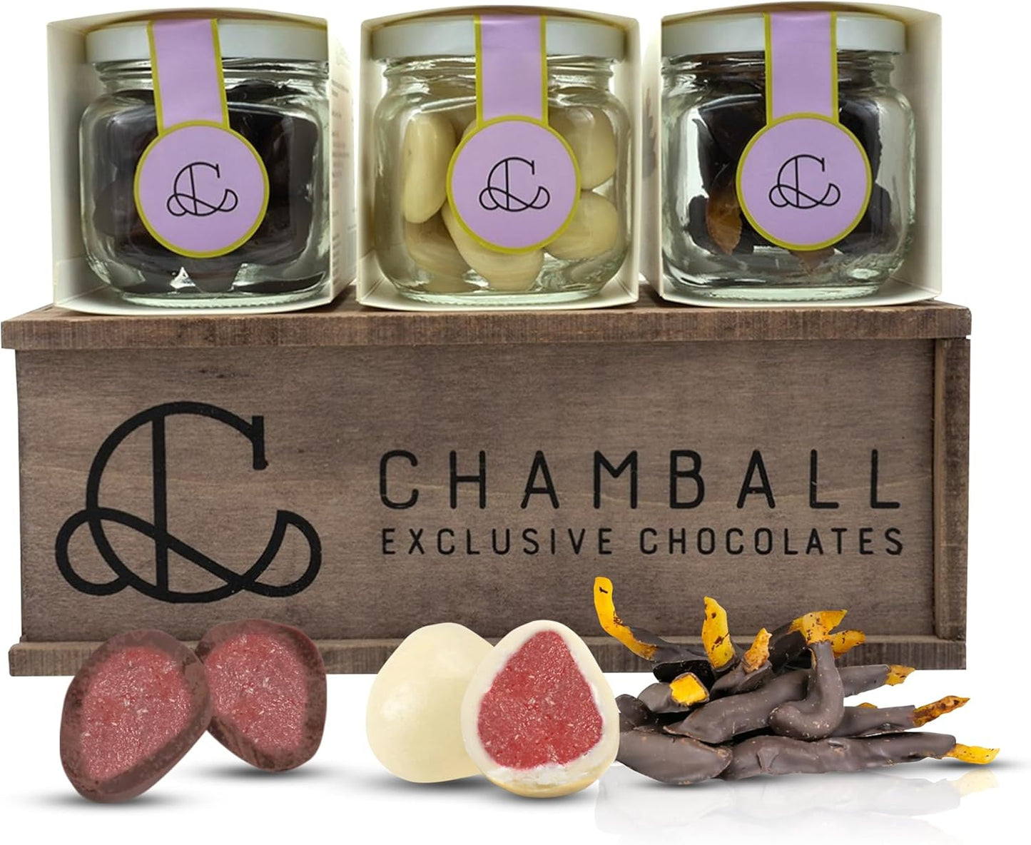 CHAMBALL – Wooden Box of Chocolates with Strawberries, White & Dark Chocolate, and Candied Orange – 280g | Chocolates for Gifts, Gourmet Chocolate Box, Valentine's Day Chocolate Gift, Birthda