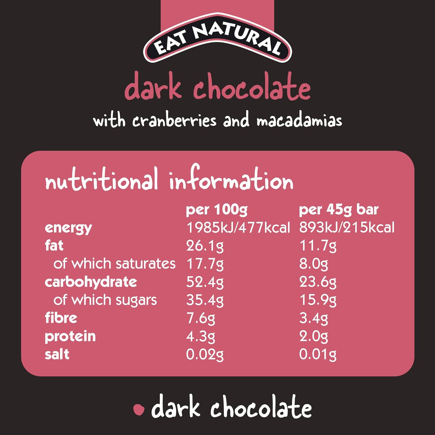 Eat Natural Bars, Gluten Free Snack Bars, Dark Chocolate with Cranberries & Macadamias, 45g (Pack of 12) - Chocolate Gifts Heaven