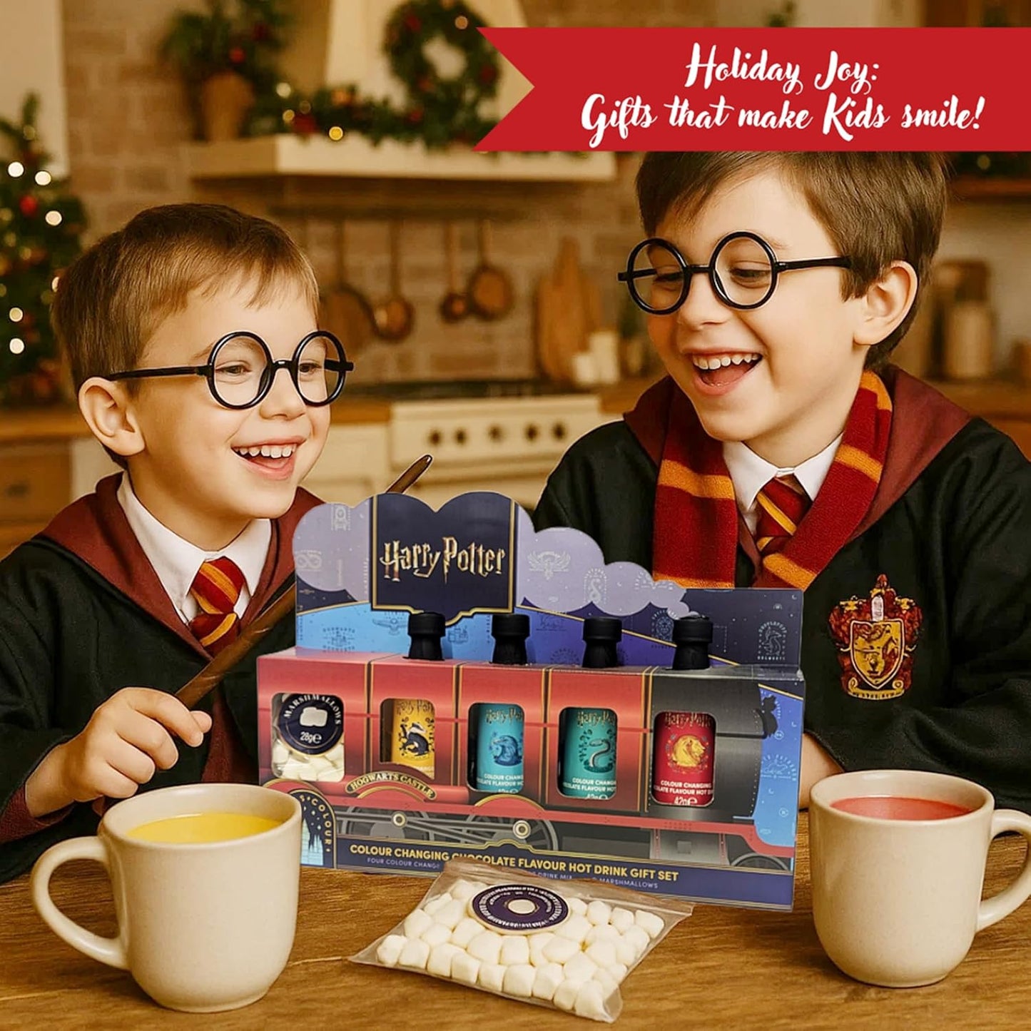 Harry Potter Hot Chocolate Gift Set - Hogwarts Express Coco Train of 4 x 42g Colour Changing Choxcolate Drinks with Marshmallows. Harry Potter Gifts for Stocking Fillers, Christmas Gifts for Kids