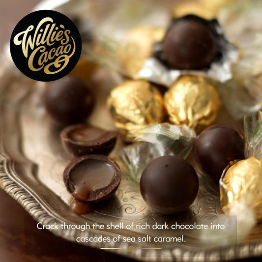 Willie’s Cacao - Dark Chocolate Salted Caramel Pearls 150g – Gift box of 20 individually wrapped pearls filled with molten sea salt caramel.