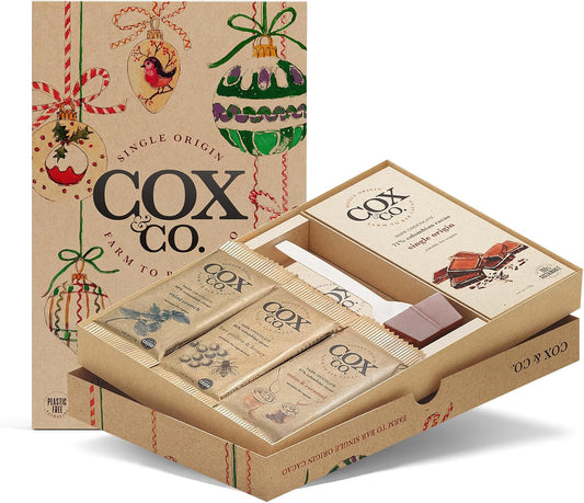 Cox&Co. Christmas Chocolates Gift Set - Luxury Dark Chocolate Selection Box with 4 x Dark Bars + 1 x Hot Chocolate Spoon - Hamper
