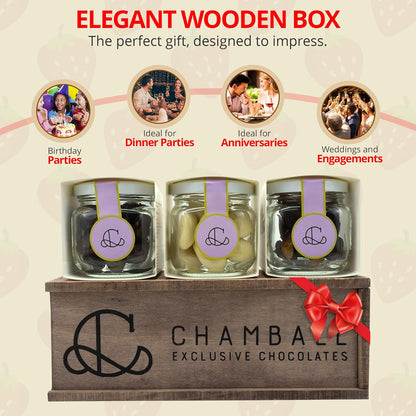 CHAMBALL – Wooden Box of Chocolates with Strawberries, White & Dark Chocolate, and Candied Orange – 280g | Chocolates for Gifts, Gourmet Chocolate Box, Valentine's Day Chocolate Gift, Birthda