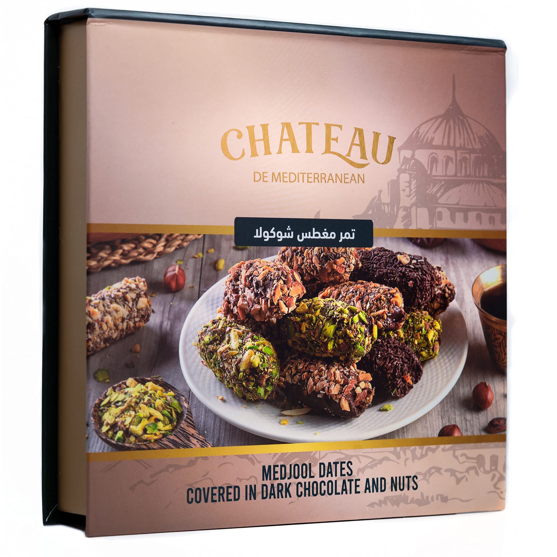 Chateau de Mediterranean Medjool Dates Filled with Almonds & Coated in Dark Chocolate & Nuts - 500g | Luxurious Treat Dessert | Made with Premium Chocolate & Fresh Dates | Beautiful Gift Packaging - Chocolate Gifts Heaven
