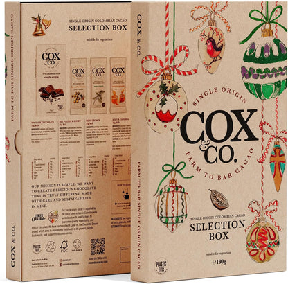 Cox&Co. Christmas Chocolates Gift Set - Luxury Dark Chocolate Selection Box with 4 x Dark Bars + 1 x Hot Chocolate Spoon - Hamper