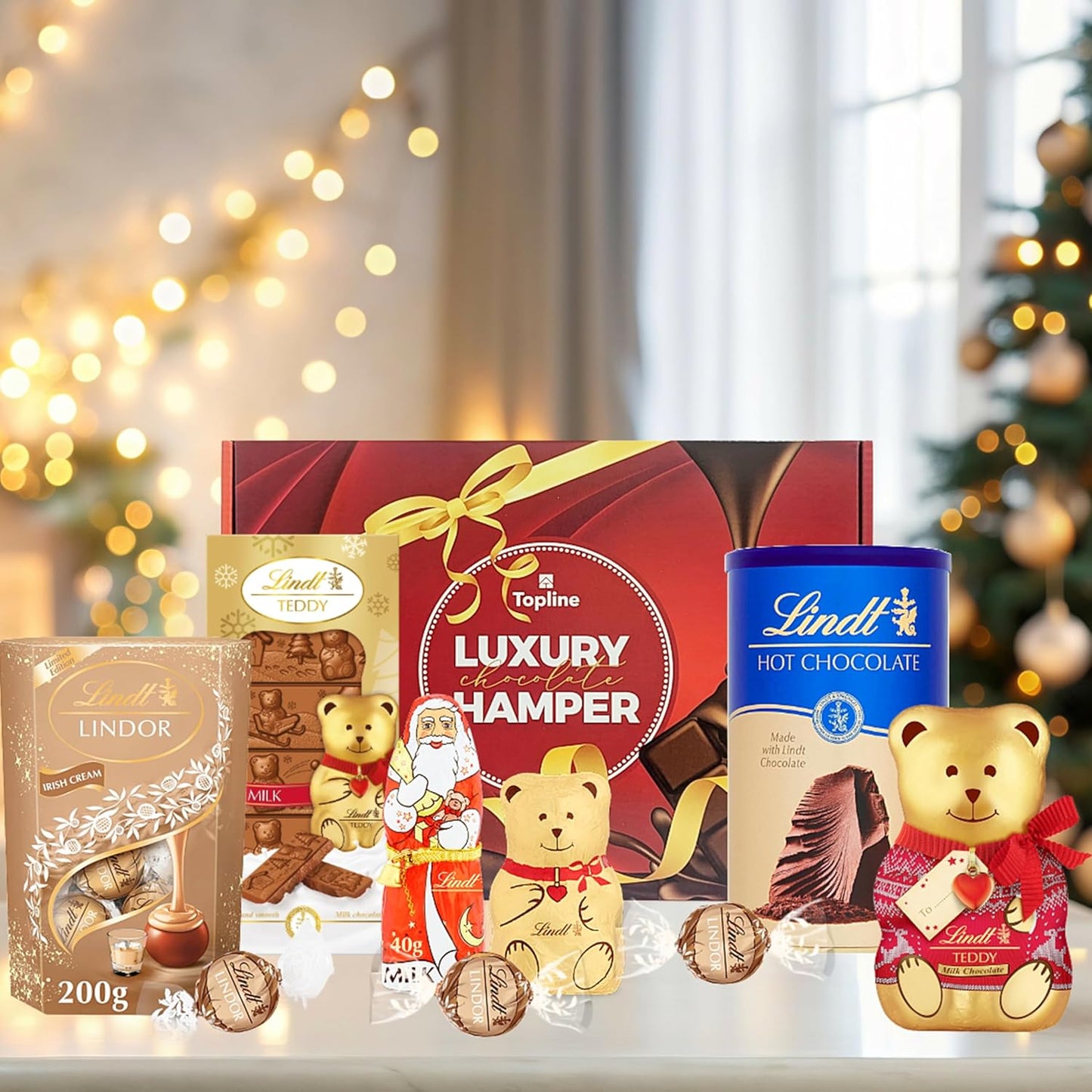 Lindt Chocolates & Hot Chocolate Hamper - Chocolates Gift Box of Irish Cream Truffles 200g, Hot Chocolate 300g, Teddy Bar 120g, Santa & Golden Teddy.