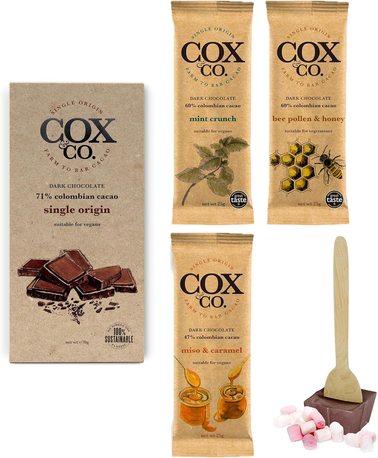 Cox&Co. Christmas Chocolates Gift Set - Luxury Dark Chocolate Selection Box with 4 x Dark Bars + 1 x Hot Chocolate Spoon - Hamper