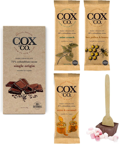 Cox&Co. Christmas Chocolates Gift Set - Luxury Dark Chocolate Selection Box with 4 x Dark Bars + 1 x Hot Chocolate Spoon - Hamper