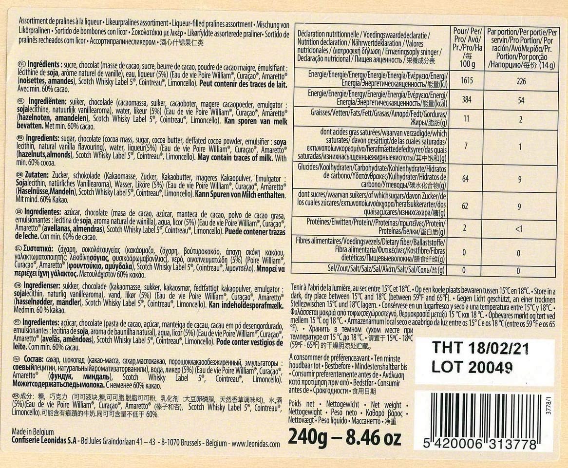 Leonidas Pure Dark Belgian Chocolate Liquors Crate, 18 pieces Assorted Liquors