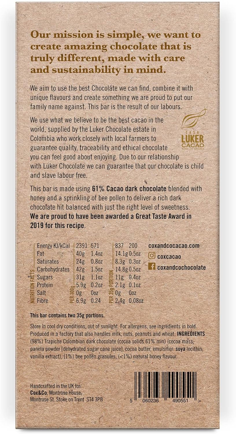 Cox&Co. Bee Pollen and Honey Dark Chocolate Bar - 3 x 70g Large Bars - Chocolate Gifts Heaven