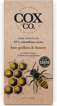 Cox&Co. Bee Pollen and Honey Dark Chocolate Bar - 3 x 70g Large Bars