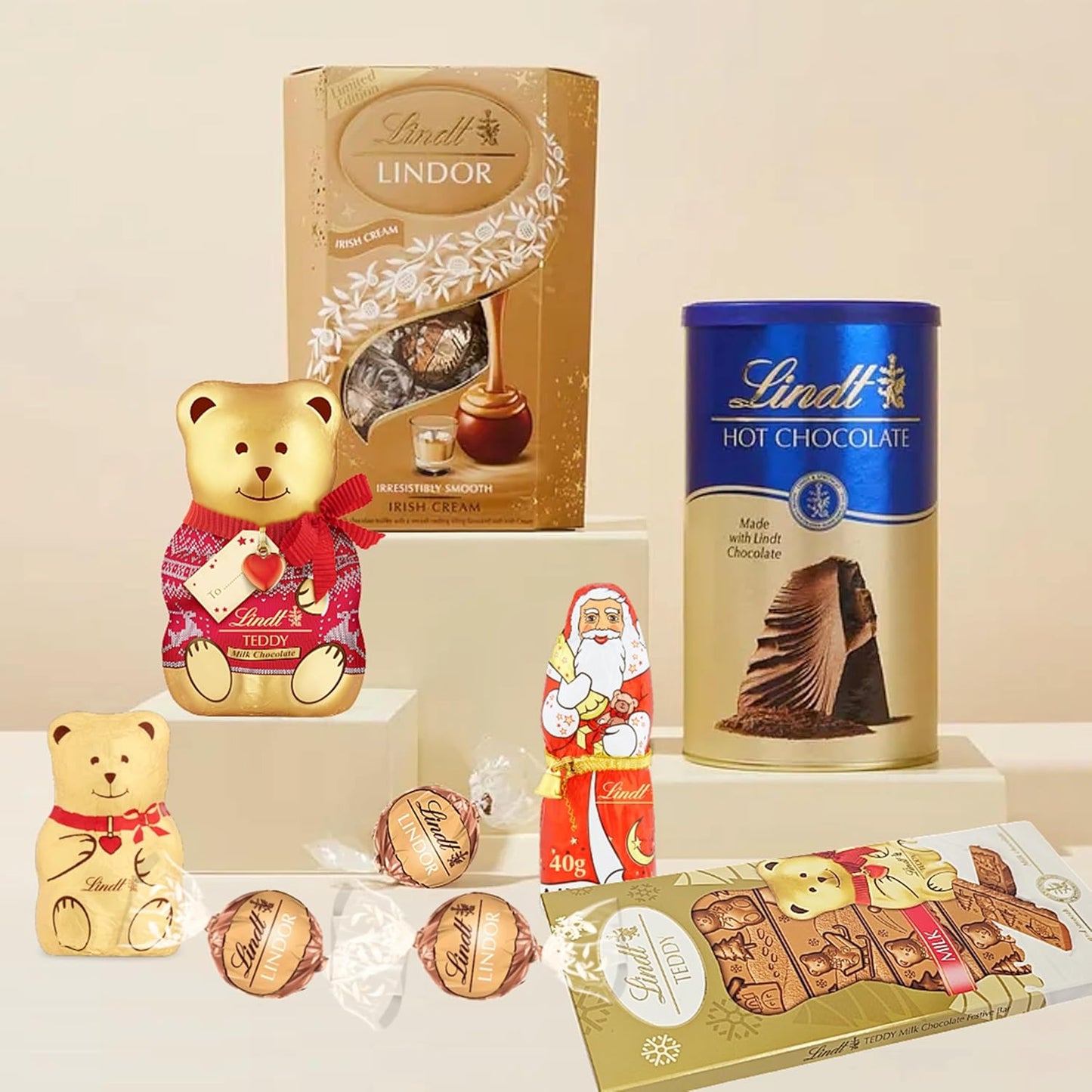 Lindt Chocolates & Hot Chocolate Hamper - Chocolates Gift Box of Irish Cream Truffles 200g, Hot Chocolate 300g, Teddy Bar 120g, Santa & Golden Teddy.