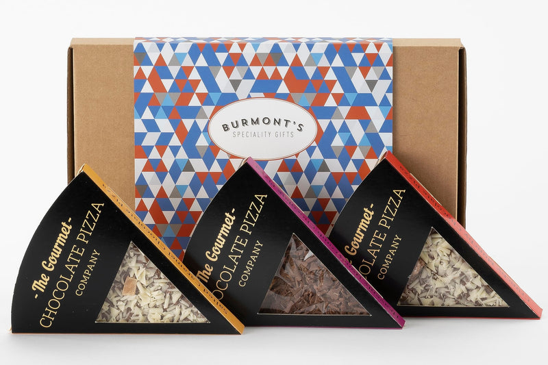 Gourmet Chocolate Pizza Slices Selection Gift Box - Three Individual Slices - Salted Caramel, Crunchy Munchy & Heavenly Honeycomb - Hamper Exclusive To Burmont's
