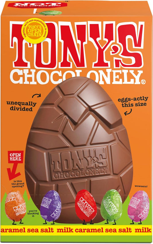 Tony's Chocolonely Large Easter Egg - Milk Chocolate Caramel Sea Salt with 5 Smaller Solid Chocolate Eggs - Fairtrade Easter Gifts (242g)