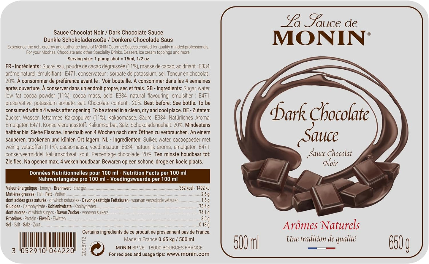 MONIN Premium Dark Chocolate Sauce 500ml - Chocolate Gifts Heaven