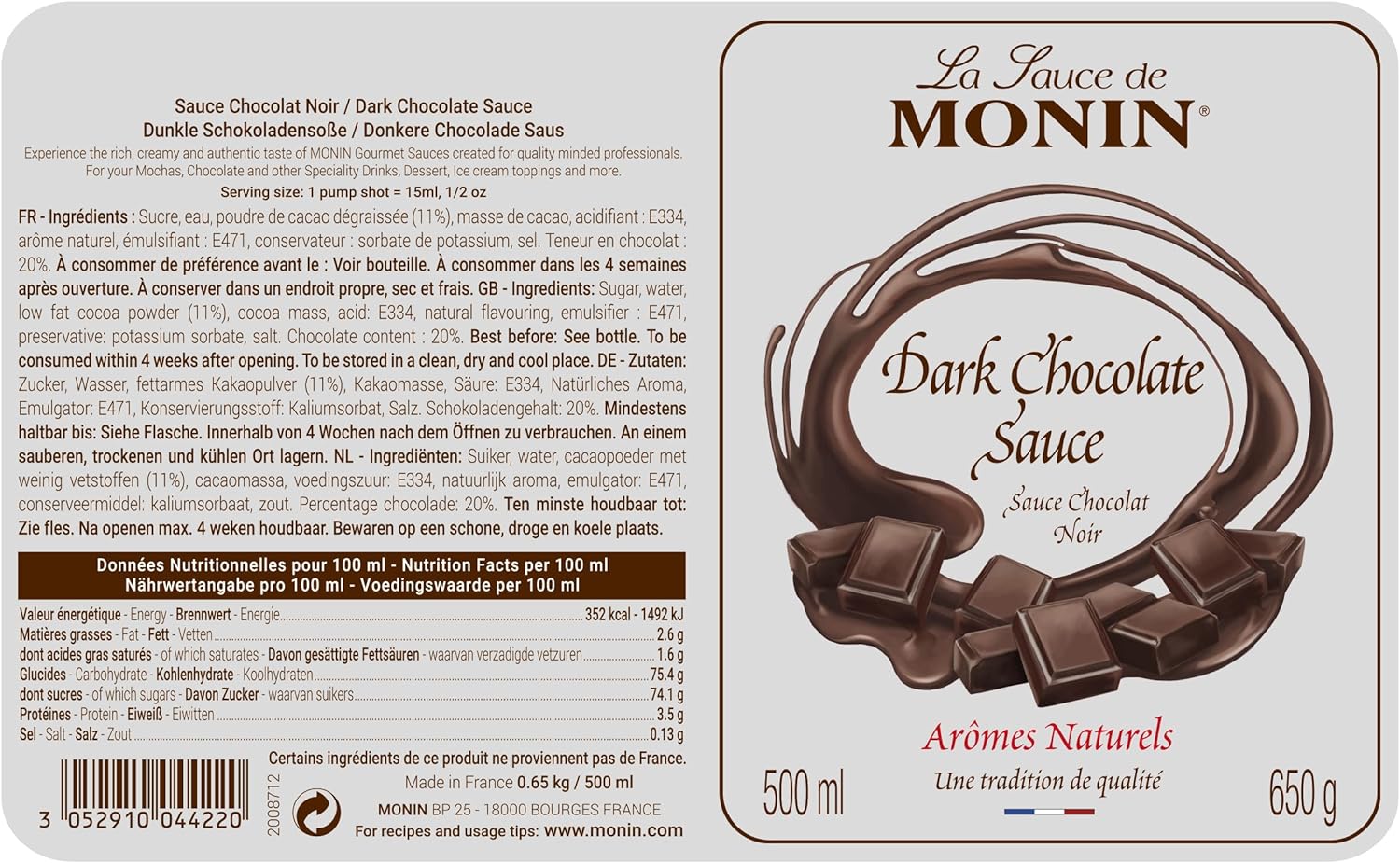 MONIN Premium Dark Chocolate Sauce 500ml - Chocolate Gifts Heaven