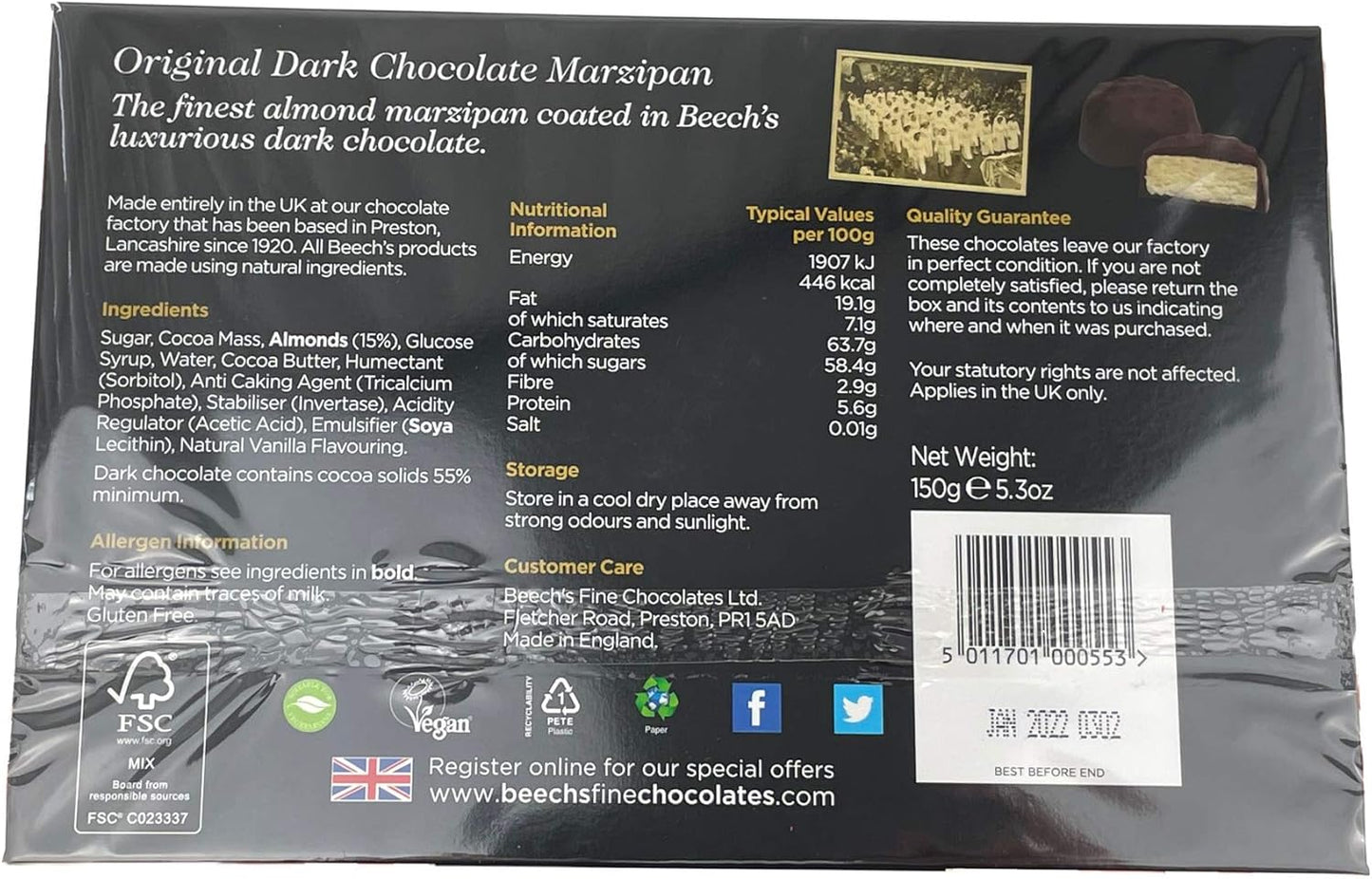 Beech's Dark Chocolate Marzipan, 150g - Smooth Almond Marzipan in Dark Chocolate
