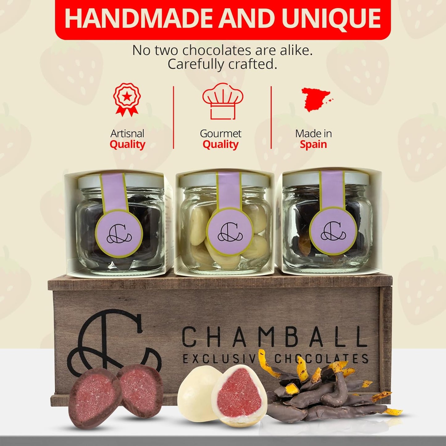 CHAMBALL – Wooden Box of Chocolates with Strawberries, White & Dark Chocolate, and Candied Orange – 280g | Chocolates for Gifts, Gourmet Chocolate Box, Valentine's Day Chocolate Gift, Birthda