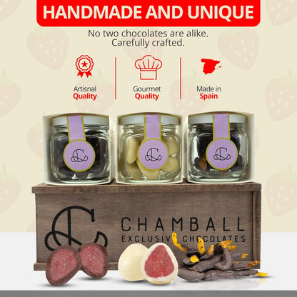 CHAMBALL – Wooden Box of Chocolates with Strawberries, White & Dark Chocolate, and Candied Orange – 280g | Chocolates for Gifts, Gourmet Chocolate Box, Valentine's Day Chocolate Gift, Birthda