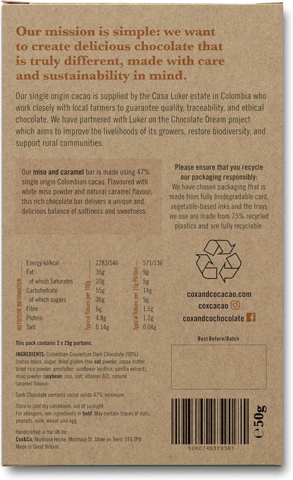 Cox&Co. Christmas Chocolates - 2 x 50g Miso & Caramel 47% Dark Chocolate Christmas Tree in a Gift Box - Luxury Single Origin Colombian Cacao - Sustainable Gifts