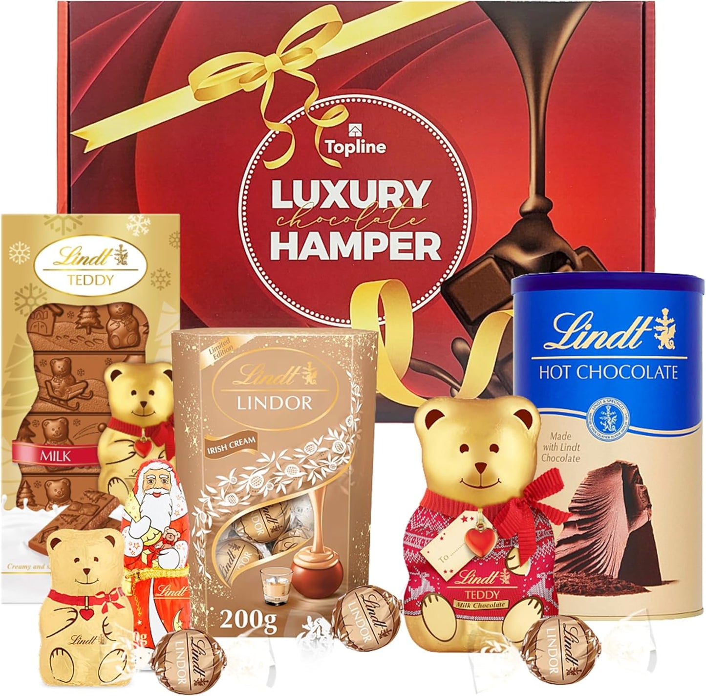 Lindt Chocolates & Hot Chocolate Hamper - Chocolates Gift Box of Irish Cream Truffles 200g, Hot Chocolate 300g, Teddy Bar 120g, Santa & Golden Teddy.
