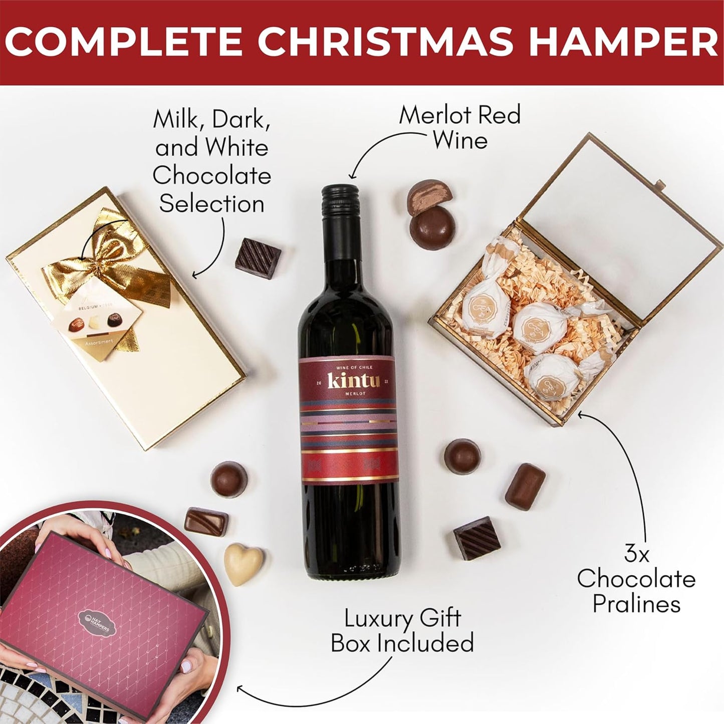 Red Wine & Chocolate Hamper - Merlot Wine, Chocolates, Pralines – Ideal red wine gift set for Christmas and all year round Gift Set