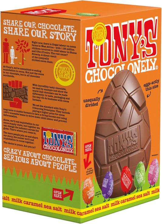 Tony's Chocolonely Large Easter Egg - Milk Chocolate Caramel Sea Salt with 5 Smaller Solid Chocolate Eggs - Fairtrade Easter Gifts (242g)