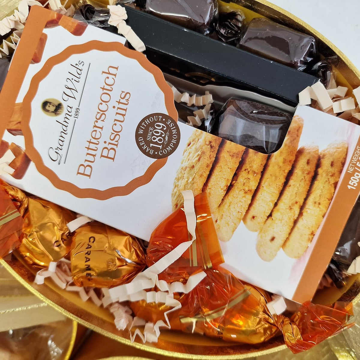 Golden Gift Tower | Giant 50cm 7-Tier Chocolate & Sweets Food Hamper with Truffles, Award-Winning Fudge, Biscuits & Fruit Cake | Large Reusable Gold Boxes