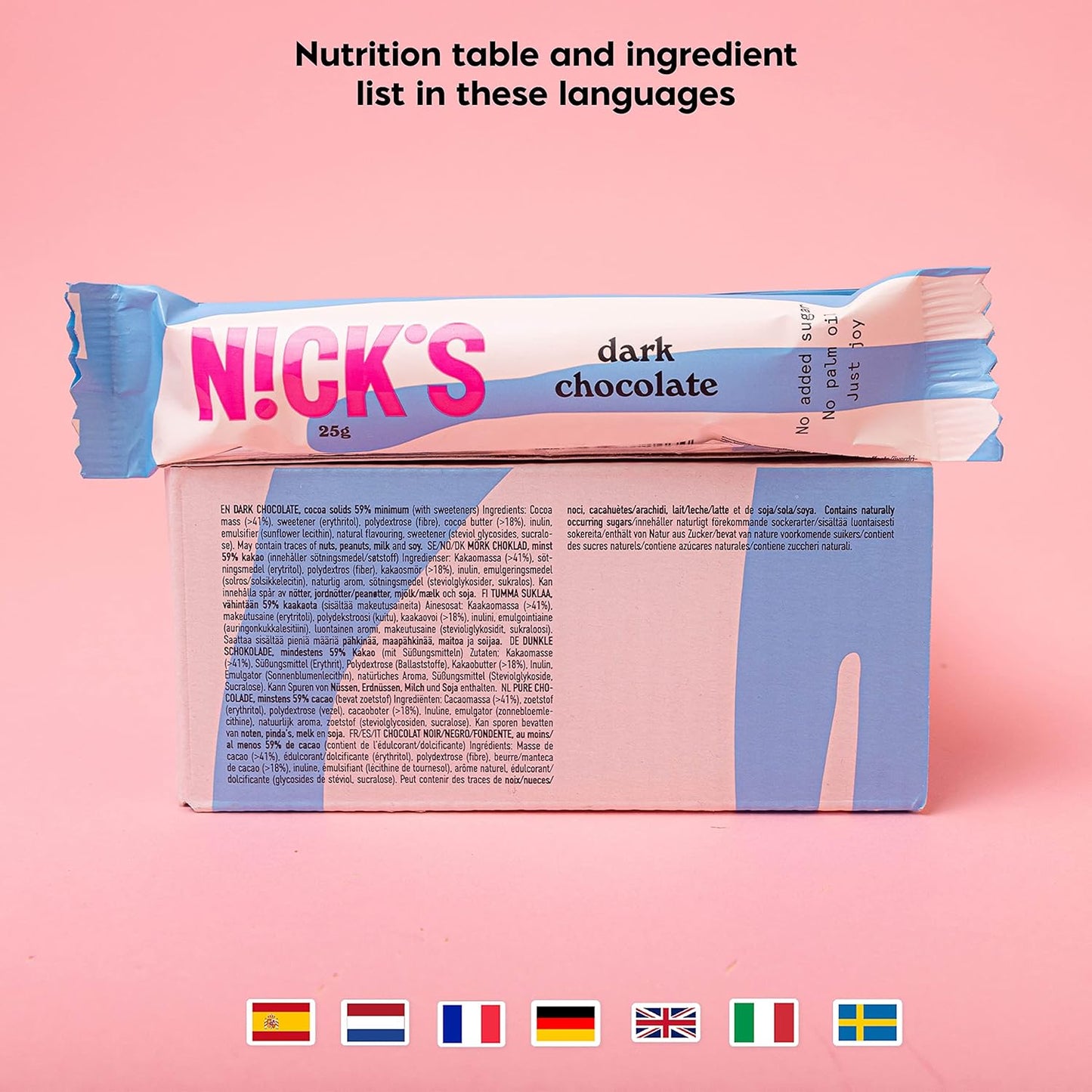NICKS Dark Chocolate Vegan Keto Bars 1.1g Net Carbs, No Added Sugar, 107 Calories, Low Carb Sweets, Gluten Free Snack Bar (15x25g)