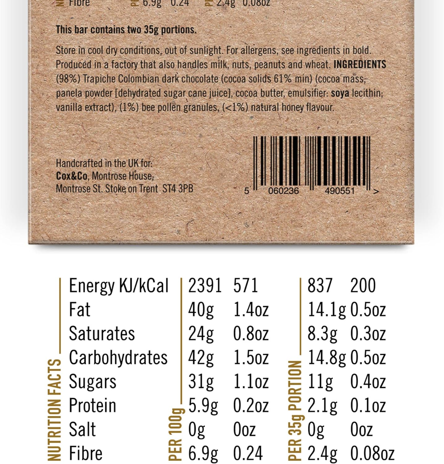 Cox&Co. Bee Pollen and Honey Dark Chocolate Bar - 3 x 70g Large Bars - Chocolate Gifts Heaven