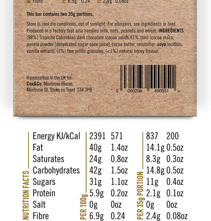 Cox&Co. Bee Pollen and Honey Dark Chocolate Bar - 3 x 70g Large Bars - Chocolate Gifts Heaven